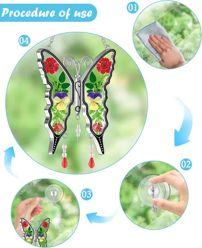 Miniatura 3 de KY&BOSAM - Atrapasoles de mariposa de vidrio para ventanas, carillón de viento, adorno colgante con flores secas presionadas entre las alas y sin