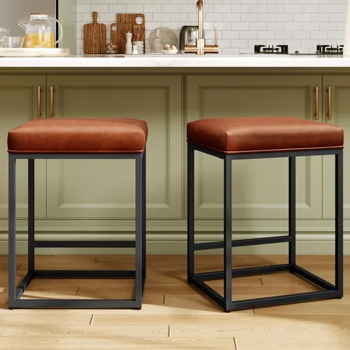 Miniatura 12 de MAISON ARTS - Juego de 3 taburetes de bar de altura para encimera de cocina de 24 pulgadas sin respaldo, modernos taburetes de bar tapizados de piel