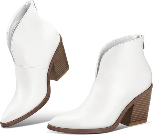 Miniatura 3 de mysoft Women's V Cut Out Ankle Boots Slip On Pointed Toe Chunky Stacked Heel Booties
