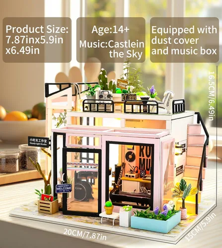 Miniatura 5 de Spilay Kit de casa de muñecas en miniatura con muebles de madera, kit de casa de muñecas de bricolaje con prueba de polvo y movimiento musical