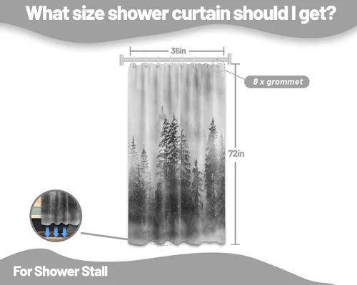 Miniatura 3 de Cortina de ducha estrecha para hombre, diseño de bosque negro y gris, para casa rodante, juego de decoración de baño, tela impermeable con ganchos