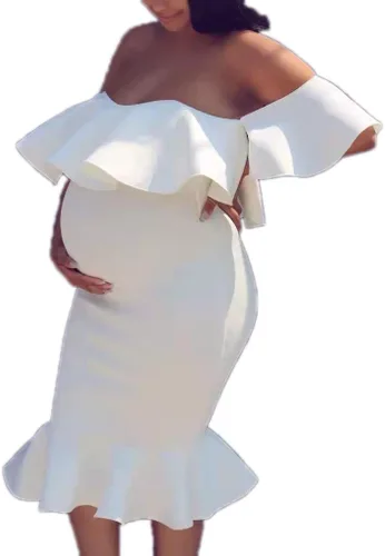 Vestido de maternidad con volantes y hombros descubiertos para baby shower, manga corta, vestido de embarazo formal de sirena para mujer