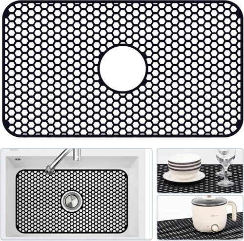 Miniatura 50 de Bestjing Tapete de silicona para fregadero - Protectores para fregadero de cocina con drenaje central, accesorio de rejilla de cocina de 26" x 14