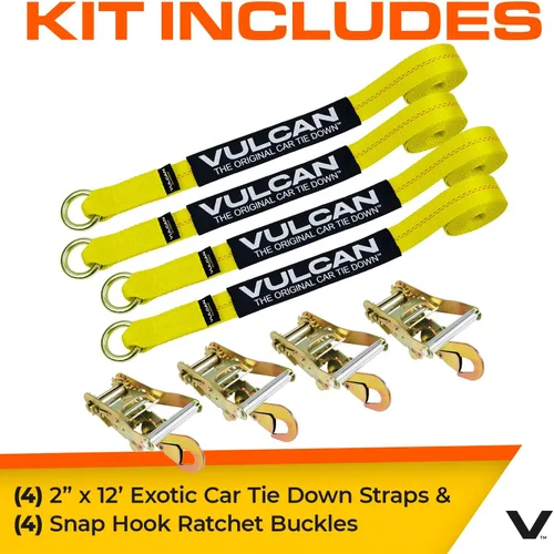 Miniatura 3 de VULCAN Sistema de amarre de llantas de automóvil con trinquetes, 2 x 144 pulgadas, paquete de 4, amarillo clásico, carga de trabajo segura de 3,300