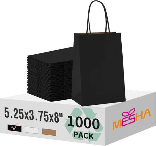 Miniatura 34 de MESHA Bolsas de regalo negras de 5.25 x 3.75 x 8 pulgadas, pequeñas bolsas de papel kraft con asas a granel, paquete de 100 para pequeñas empresas