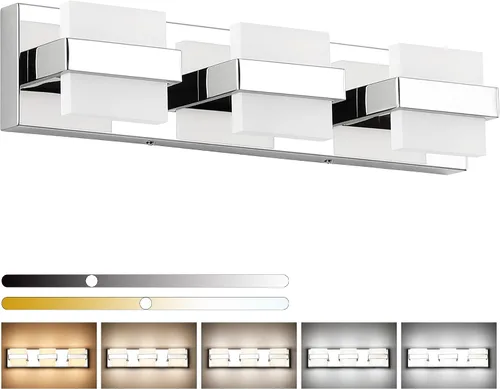 SOLFART Lámpara de baño cromada de 3 luces, luz de tocador sobre el espejo, lámparas LED modernas, 5 colores de temperatura ajustable moderna para