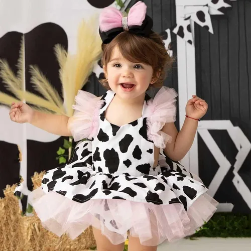 Miniatura 2 de Toddler Girl Fall Dress Baby Girls Romper Dress Infant Cow Print Tulle Clothes Take Home Outfit