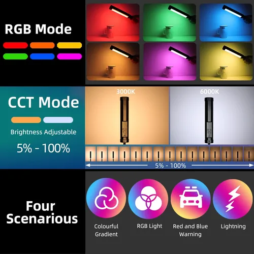 Miniatura 3 de luxceo Varita de luz de mano, luz de video LED RGB multicolor para fotografía, mini luz recargable de 2000 mAh para grabación de video, luces
