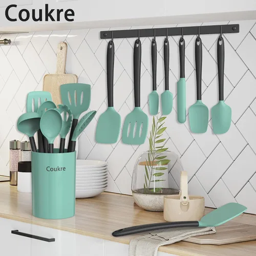 Miniatura 6 de Coukre Juego de utensilios de cocina de silicona con soporte, resistentes al calor, herramientas de cocina de grado alimenticio, espátula, cuchara