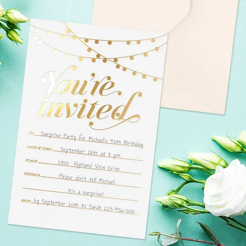 Miniatura 5 de ¡Invitaciones de fiesta S&O! 25 invitaciones tradicionales de papel de aluminio dorado con sobres, invitaciones de boda, bebé y despedida