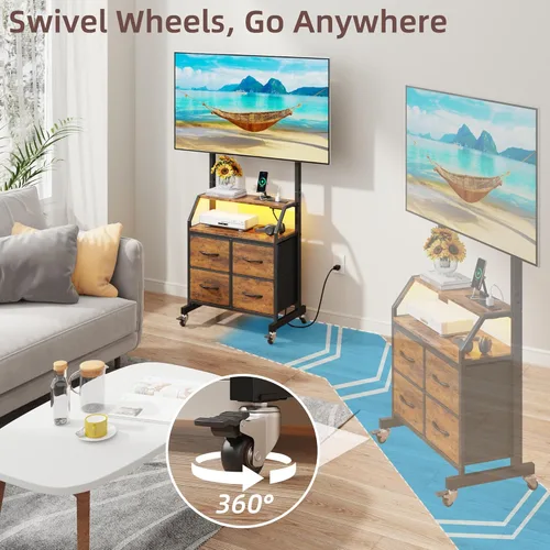 Miniatura 10 de Soporte de TV rodante con soporte y 4 cajones de tela, soporte de TV con ruedas para TV de 32 a 75 pulgadas, centro de entretenimiento y mesa