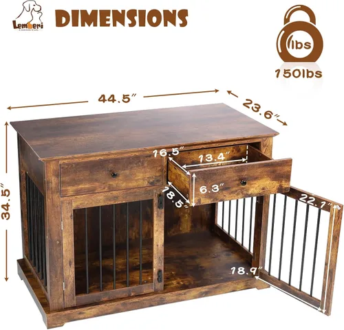 Miniatura 6 de LEMBERI Mueble de jaula para perros grande de 44 pulgadas, mesa auxiliar de madera para perros con cajones de almacenamiento, jaula decorativa
