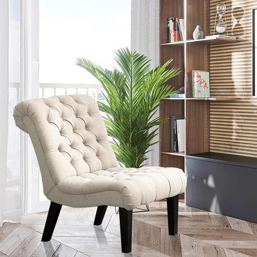 Miniatura 3 de Silla decorativa moderna para dormitorio, sala de estar, silla lateral tapizada con botones y sin brazos con patas de madera maciza, tela crema