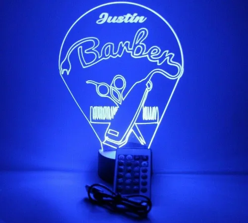 Miniatura 8 de Barbería peluquería corte peine silla tijeras afeitado hombres noche luz LED grabado personalizado nombre personalizado escritorio lámpara de mesa