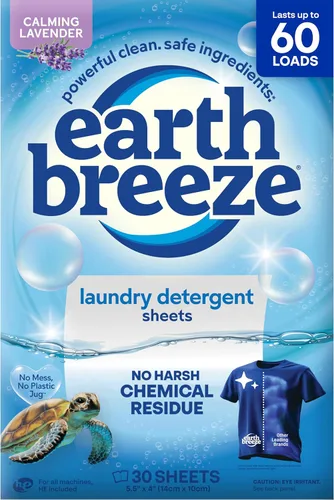Earth Breeze Hojas de detergente para ropa calmante lavanda, 60 cargas, sábanas ecológicas para lavandería, hojas de jabón de viaje para ciclos