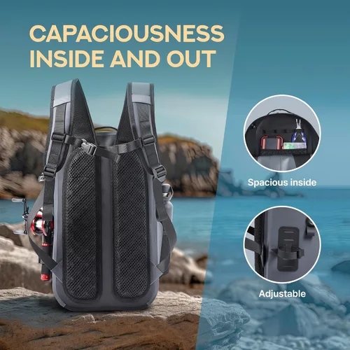 Miniatura 6 de Xelfly Mochila de pesca impermeable G2 con soporte para caña, válvula de aire inflable, correas acolchadas para la cintura y bucles para engranajes