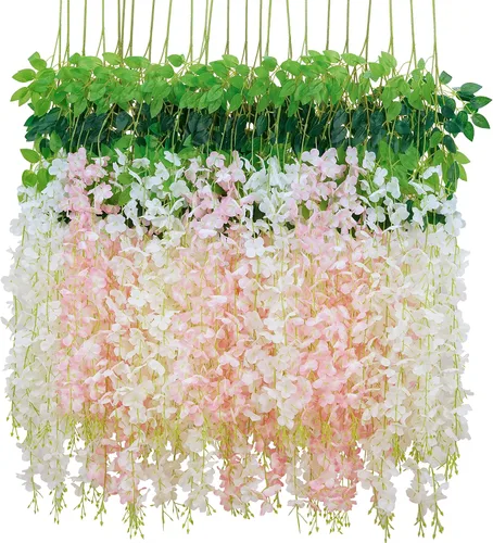 BLEUM CADE 20 flores colgantes de glicina falsa blanca y rosa, 3.6 pies, flores colgantes para bodas, fiestas, hogar, telón de fondo, decoración de