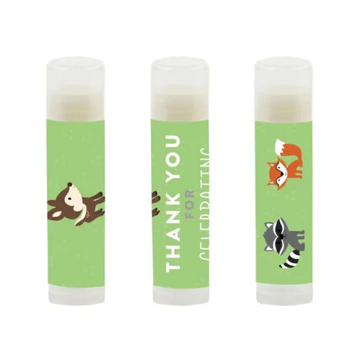 Miniatura 2 de Andaz Press Bálsamo labial para fiesta de cumpleaños, agradecimiento por celebrarnos con nosotros, animales del bosque, zorro y ciervo, paquete