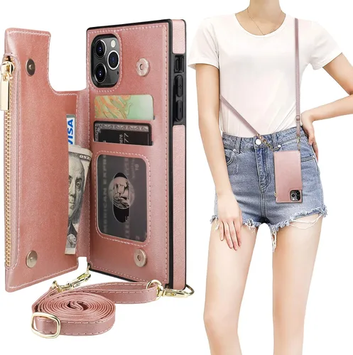Miniatura 10 de Bocasal Funda tipo cartera cruzada para iPhone 11 Pro Max con tarjetero, protector de ranura para tarjetas con cremallera, a prueba de golpes