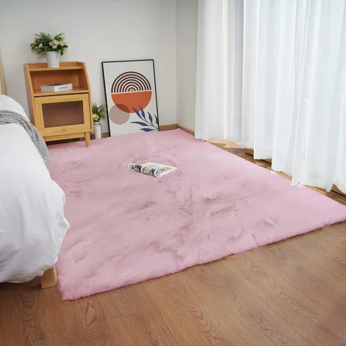 Miniatura 9 de Ghouse Alfombra ultrasuave de pelo sintético de conejo, alfombras lavables a máquina para dormitorio, alfombras esponjosas para sala de estar, Blanco