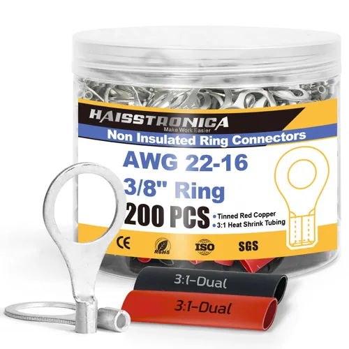 Miniatura 18 de haisstronica Juego de conectores de cables no aislados, 50 piezas de terminales de anillo de 5/16" (AWG12-10) con 50 piezas de tubo termorretráctil
