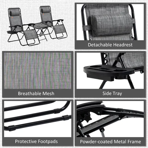Miniatura 7 de Outsunny Juego de sillas Zero Gravity con mesa auxiliar, silla reclinable plegable con portavasos y almohadas, sillas ajustables para piscina, patio