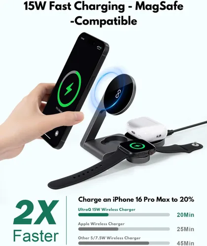 Miniatura 2 de Estación de carga inalámbrica 3 en 1, estación de carga rápida Mag-Safe para cargador MagSafe de Apple, con cargador USB C, soporte de cargador