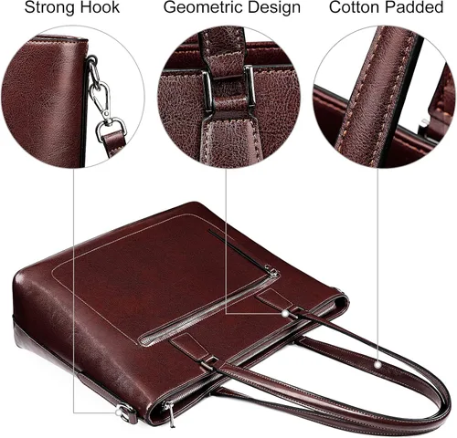 Miniatura 5 de S-ZONE Bolso de mano de cuero genuino para mujer, maletín vintage, bolso de trabajo, bolso grande de 15.6 pulgadas, L