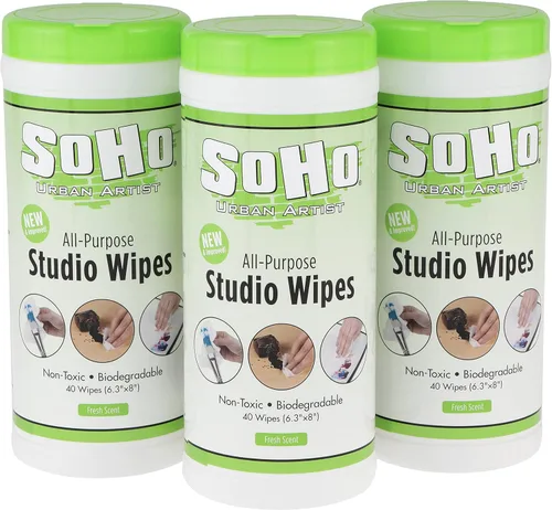 SoHo Urban Artist Toallitas para múltiples superficies, 120 unidades, 3 recipientes, no tóxicas, biodegradables, para mantenerse frescas, para