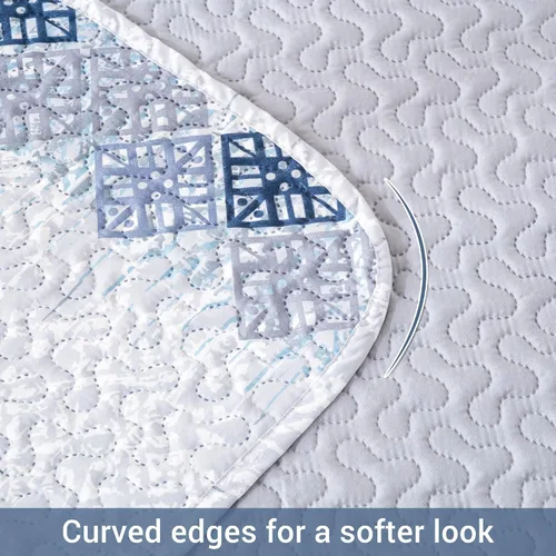 Miniatura 5 de Mooreeke Colchas ultrasónicas en relieve tamaño Queen, colchas ligeras con patrón geométrico de rayas grises y azules con fundas, colcha