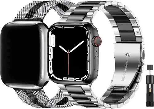 Miniatura 18 de Paquete de 2 correas de metal compatibles con Apple Watch Band 38/40/41/42/44/45/46/1.929 in, acero inoxidable y malla milanesa para iWatch Band