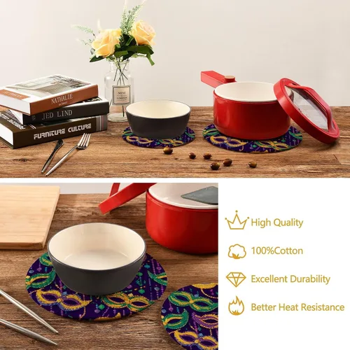 Miniatura 6 de Boccsty Tapete de salvamanteles de carnaval de Mardi Gras con cuentas de colores, 2 unidades de tejido redondo, para mesa de cocina, protector