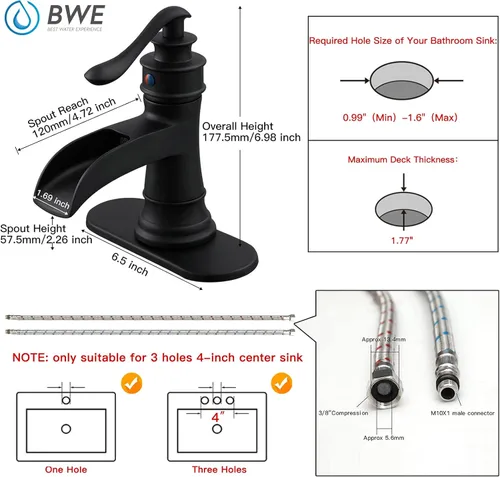 Miniatura 7 de BWE Grifo de baño en cascada de bronce frotado con aceite, llave de una manija, un agujero, grifo de lavabo, estilo granja, para tocador de baño