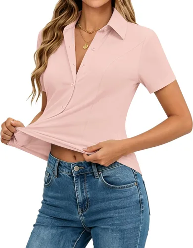 Miniatura 12 de siliteelon Camisas de manga corta con botones para mujer, camisas de vestir elásticas en 4 direcciones, blusa de trabajo ajustada