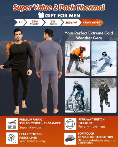 Miniatura 4 de CL convallaria 2 Pack Long Johns Thermal Underwear for Men Soft Fleece Lined Base Layer Cold Weather Set XS-4XL