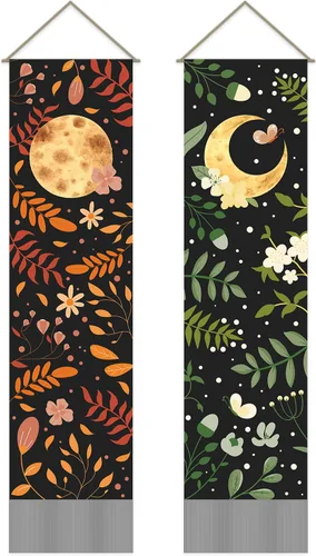 AHANDMAKER 2 tapices de flores y hojas, tapiz de sol y luna, psicodélico largo vertical para colgar en la pared, tapices de estética botánica, tapiz