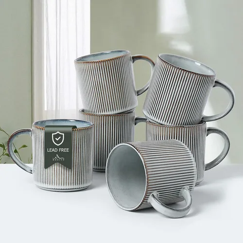 Miniatura 12 de MONITO Juego de 6 Tazas de Café de 16 Oz, Juego de Tazas de Café de Cerámica Rústica con Mango Grande, Vintage, Tazas de Café de Gres Rayadas