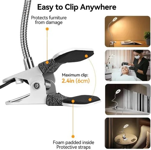Miniatura 6 de Skymore Luz de clip - 3 modos de color y 10 luces LED de escritorio de lectura con abrazadera flexible de cuello de cisne para lectura de niños a