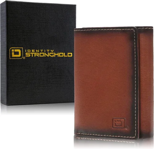 Miniatura 4 de Billetera triple con bloqueo RFID para hombre, piel auténtica de búfalo, marrón, (Antiqued Brown), Cartera RFID