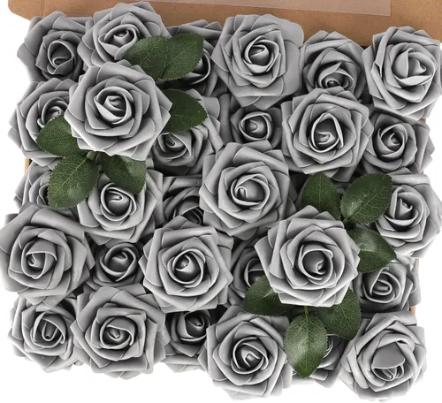 Miniatura 56 de MACTING 30 Rosas Artificiales Blancas Flores Falsas con Tallo Rosas de Espuma de Tacto Real para DIY Arreglos de Ramo de Boda Centros de Mesa White-1