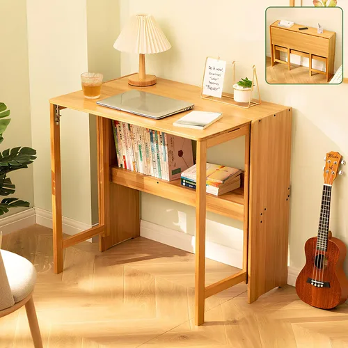 Miniatura 12 de Escritorio plegable de bambú, escritorios plegables para espacios pequeños, escritorio pequeño de mediados de siglo con estantería para computadora
