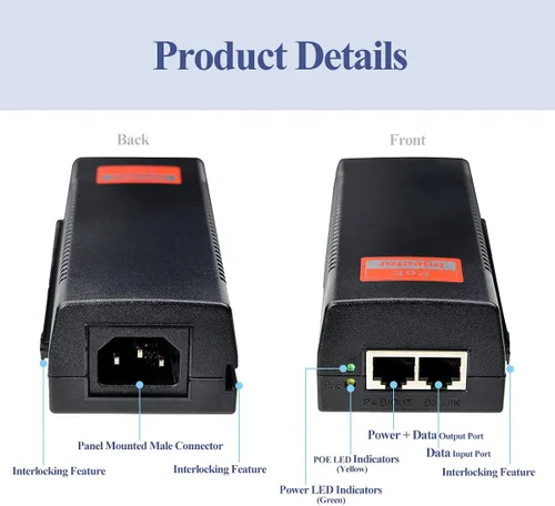 Miniatura 4 de Revotech Gigabit 90W PoE++ Inyector 54-56V Adaptador, 10/100/1000Base-T IEEE 802.3bt PoE POE Activo Estándar, Plug and Play para Puntos de Acceso