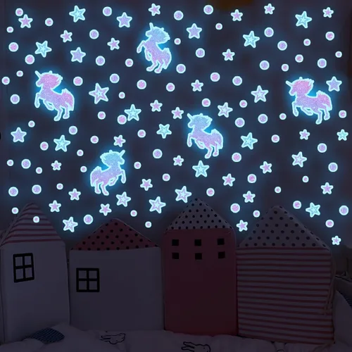 Miniatura 9 de Calcomanías de pared de unicornios que brillan en la oscuridad, unicornios, estrellas, calcomanías de pared para decoración de dormitorio de bebés