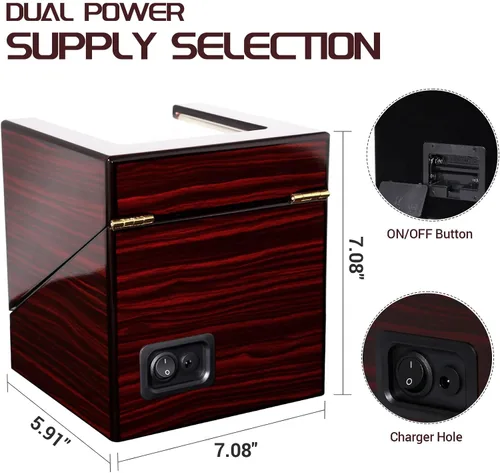 Miniatura 6 de Uten Caja automática para reloj de madera, caja de almacenamiento de reloj de lujo, enrollador de reloj doble con motor silencioso, 4 modos