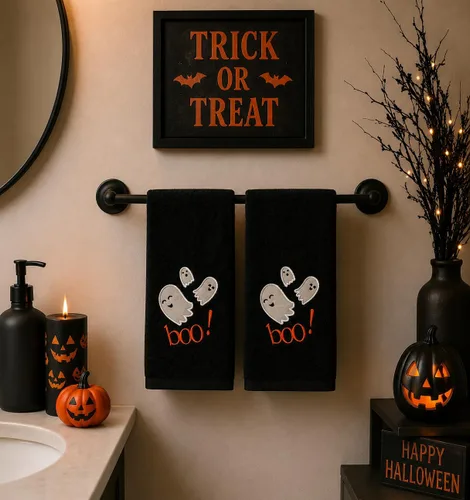 Miniatura 21 de Serafina Home Toallas de mano de baño de Halloween, fantasmas bordados, diseño Boo, juego de 2, color negro, 16 x 25 pulgadas