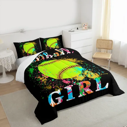 Miniatura 2 de jejeloiu Juego de edredón de sóftbol para niños, tamaño matrimonial, juego de ropa de cama con temática deportiva para niños, niñas, adolescentes