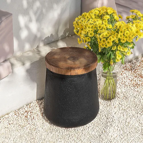 Miniatura 4 de COSIEST Mesa auxiliar de tambor con forma de cilindro de hormigón con parte superior de madera sintética, mesa de acento negra para exteriores