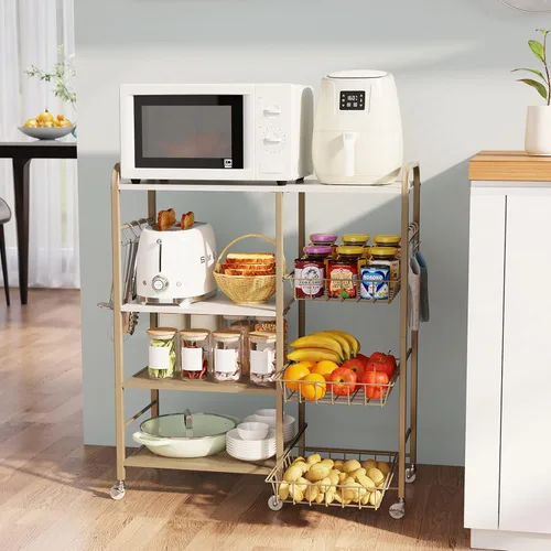 Miniatura 14 de HapiRm - Carrito rodante de cocina con microondas de 4 niveles - Soporte de mesa para microondas con cestas extraíbles, estante de almacenamiento