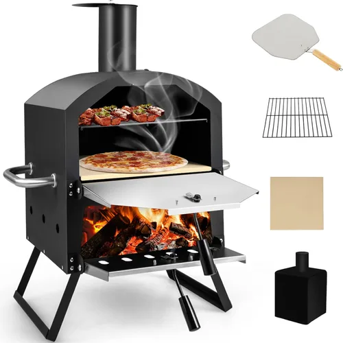 Giantex Horno de Pizza al Aire Libre de Leña, Fabricante de Pizza de 2 Capas con Piedra para Pizza de 12 Pulgadas, Pala para Pizza, Rejilla de