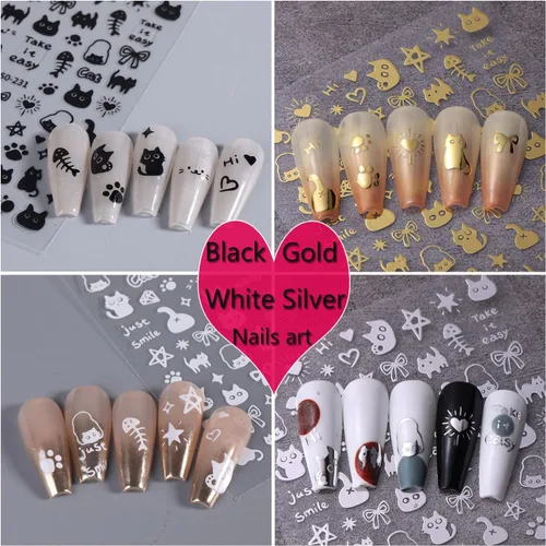 Miniatura 5 de Calcomanías de uñas de gato, 8 hojas de calcomanías autoadhesivas 3D con diseño de gato dorado, plateado, negro, blanco, para niños, niñas, mujeres